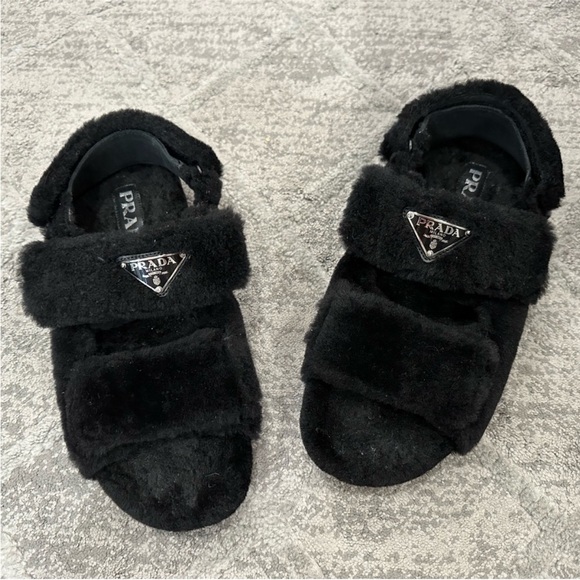 Prada Cozy Sporty Shearling Slingback Sandals Black 40 - Picture 1 of 7